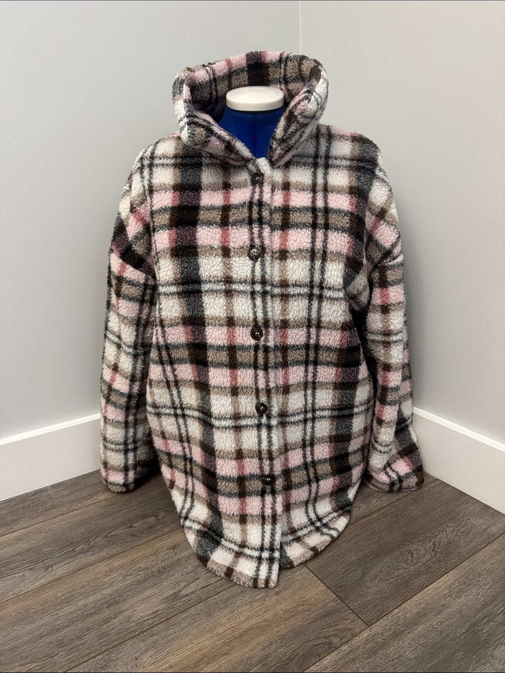 CISONO Los Angeles Pink & Black Plaid Sherpa Hooded Shacket - Size L